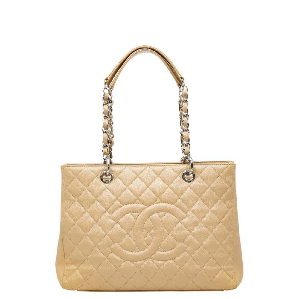 CHANEL Cream Caviar Leather Logo Shoulder Bag